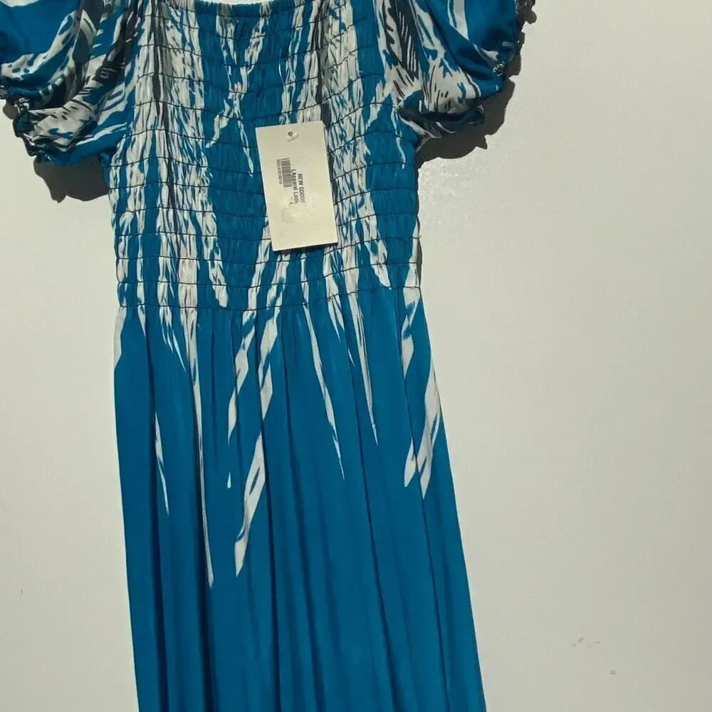 Women's Blue White Tropical Smocked Stretchy‎ Pullover Maxi Dress One Size NWT